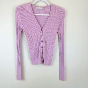 ZARA Lilac Lavender Ribbed V Neck Cardigan Sweater / Size XS